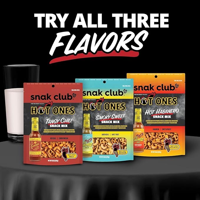 Snak Club x Hot Ones Snack Mix, Smoky Sweet, Spicy Snacks with Peanuts, Pretzels, Sesame Sticks, Toasted Corn, Cashews, Inspired by Hot Ones, Vegan Snack, 10 oz Resealable Bag