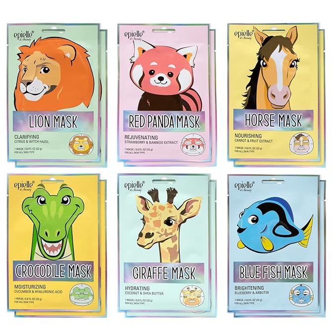 Epielle Animal Character Sheet Masks 12 Pack, Moisturizing & Hydrating Face Mask with Hyaluronic Acid & Fruit Extract, Korean Skin Care, Girls Spa Party Favors, Sleepover, Self Care Gifts for Women