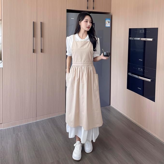 Pinafore Apron Dress，Japanese Cotton Linen Cross Back Apron for Women with Pockets，Pinafore Dress with Waist Ties (Wheat)