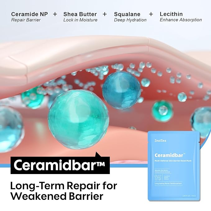 ZealSea Ceramidbar Face Masks Skincare Set, Derm Solution Sheet Mask for Multi-Trigger Sensitivity, Soothing & Calming, Strengthen & Restore Skin, Facial Mask with Cica & Ceramide, 10 Pack