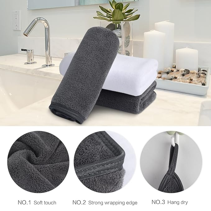 SINLAND Microfiber Face Cloths Reusable Makeup Remover Washcloths Super Soft and Absorbent Fingertip Face Towels for Sensitive Skin Women 12 x 12 Inch 6 Pack White and Grey