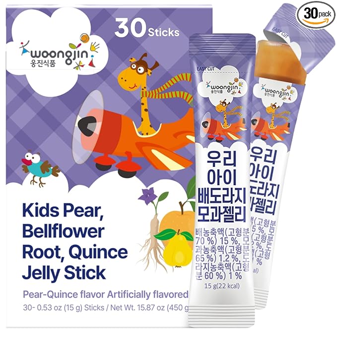 Korean Food Woongjin Kids Pear Bellflower Root Quince Jelly Stick – Naturally Sweetened Fruity Flavor Jelly Stick, Individually Wrapped Portable Treat, 30 Sticks (15.87 oz)