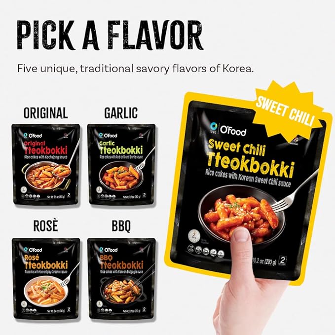 O’Food Tteokbokki Korean Rice Cakes – [Sweet Chili | Pack of 2] – Gluten-Free (Except BBQ), Healthy/ Savory/ Bold/ Fiery, 0 Cholesterol/ 0 Trans Fat/ No MSG/ No Corn Syrup, Spicy Street Snack, Ready in Minutes