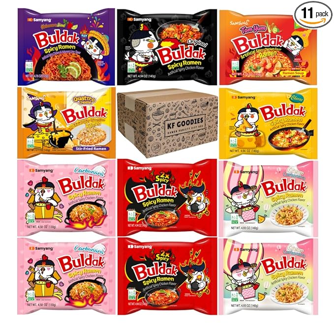 Samyang Buldak Hot Spicy Chicken Ramen Noodle Korean Stir-Fried Ramen (11 Pack, 2X (2), Carbonara (2), Cheese, Cream Carbonara (2), Habanero Lime, Original, Quattro Cheese, Tom Yum)