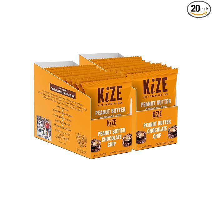 KiZE Energy Bars - Gluten Free, Dairy Free, Non-GMO, and High Protein Meal Replacement Energy Bars, Clean & Simple Food Ingredients - Peanut Butter Chocolate Chip, 10g High Protein Snacks, (20 Count)