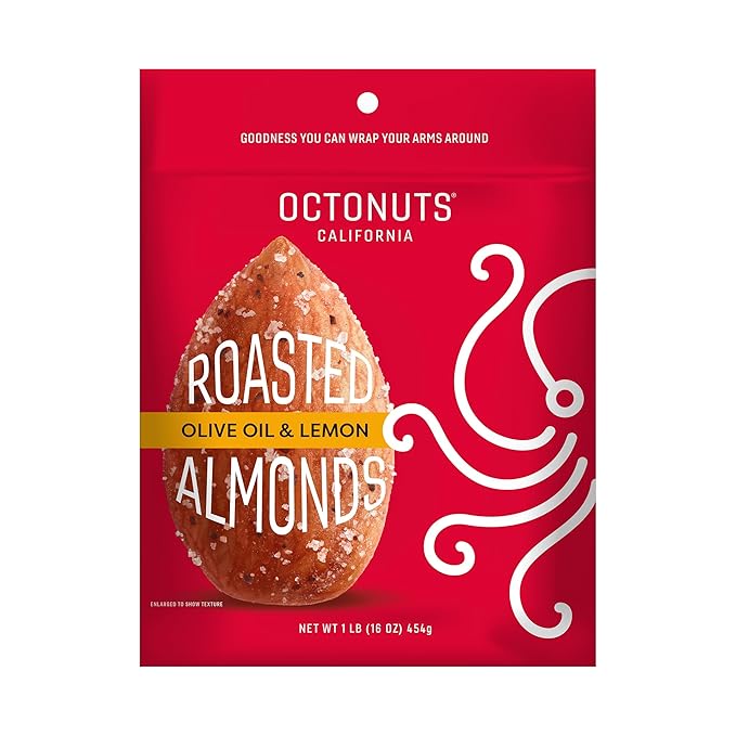 Octonuts Dry Roasted Olive Oil & Lemon Almonds (16oz) Healthy Snack for Adults and Kids - Plant Protein with Fiber, Calcium, and Iron - Low Carb, Low Calorie - Non-GMO and Gluten-Free