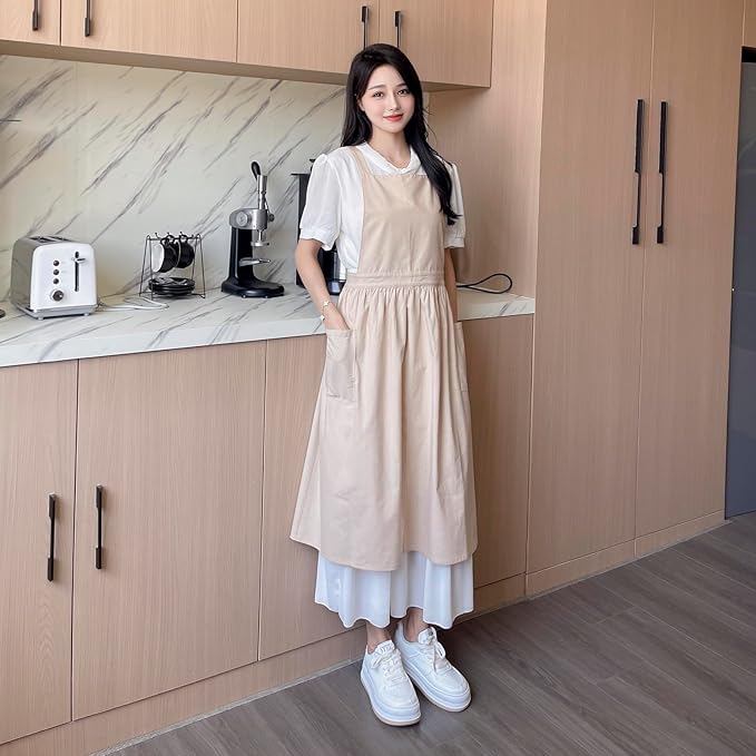 Pinafore Apron Dress，Japanese Cotton Linen Cross Back Apron for Women with Pockets，Pinafore Dress with Waist Ties (Wheat)