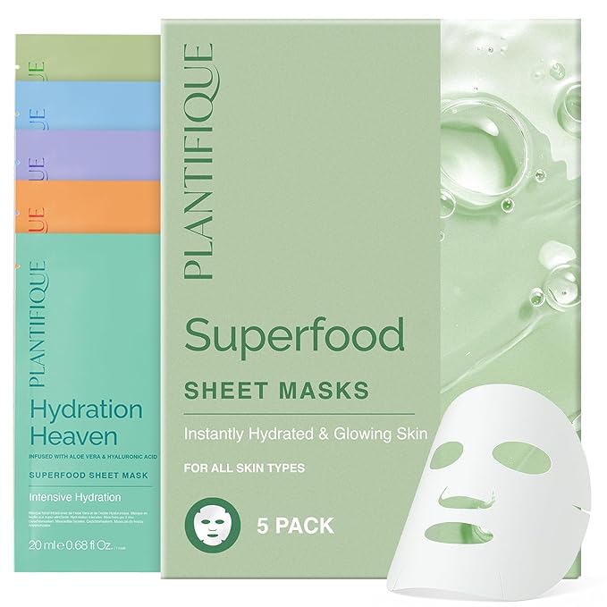 PLANTIFIQUE Superfood Facial Sheet Mask Variety Box 5 Pack – Face Mask Set with Coconut, Aloe, Vitamin C, Centella & Collagen – Hydrating & Refreshing – For All Skin Types