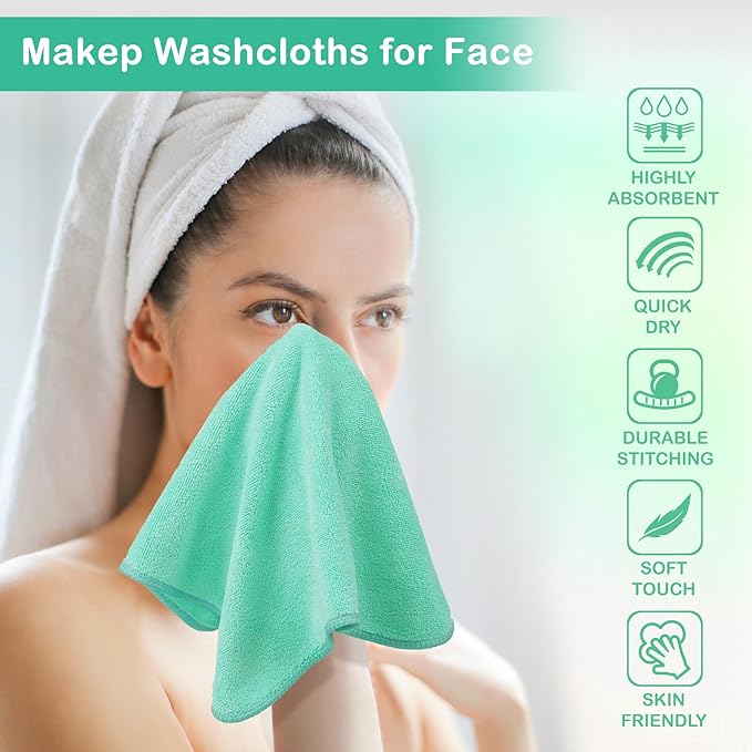 Makeup Remover Cloth 12 x 12 Inch, Reusable Makeup Remover Towels for Washing Face, 6 Pack Washable Microfiber Face Cloth Fast Drying Washcloth, Green