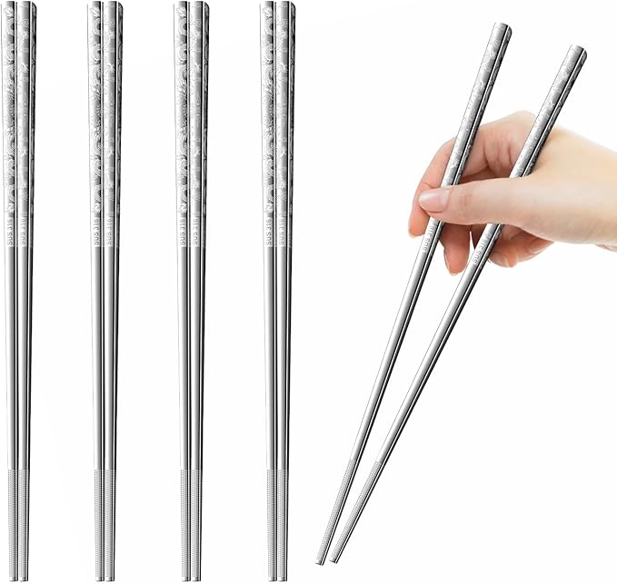 5 Pairs Dragon Chopsticks Set Premium Stainless Steel 316 Kitchen Dinning Utensils Silver Reusable Metal Chop Sticks Tableware Gift Set 9.26 Inches