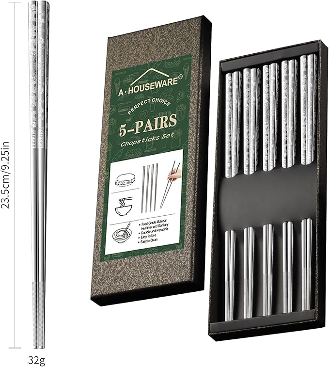 5 Pairs Dragon Chopsticks Set Premium Stainless Steel 316 Kitchen Dinning Utensils Silver Reusable Metal Chop Sticks Tableware Gift Set 9.26 Inches