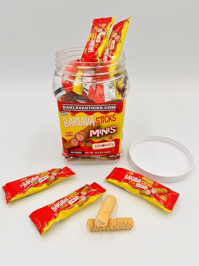 Baklava Sticks Minis, Strawberry Cream Crispy Phyllo Dough, 15.6 oz (40 Pieces) (FULL JAR 40 minis, strawberry)