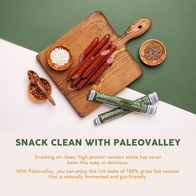 Paleovalley 100% Grass Fed Venison Sticks – 10 Pack – Keto-Friendly, High Protein, Low-Calorie Snack – Omega-3 Rich, Gluten-Free, Nitrate-Free, Naturally Flavored – Healthy On-the-Go Meat Snack