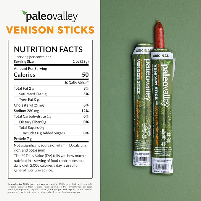Paleovalley 100% Grass Fed Venison Sticks – 10 Pack – Keto-Friendly, High Protein, Low-Calorie Snack – Omega-3 Rich, Gluten-Free, Nitrate-Free, Naturally Flavored – Healthy On-the-Go Meat Snack