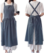 Pinafore Apron Dress，Japanese Cotton Linen Cross Back Apron for Women with Pockets，Pinafore Dress with Waist Ties (Turquoise Blue)