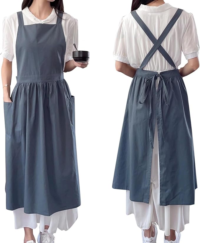 Pinafore Apron Dress，Japanese Cotton Linen Cross Back Apron for Women with Pockets，Pinafore Dress with Waist Ties (Turquoise Blue)