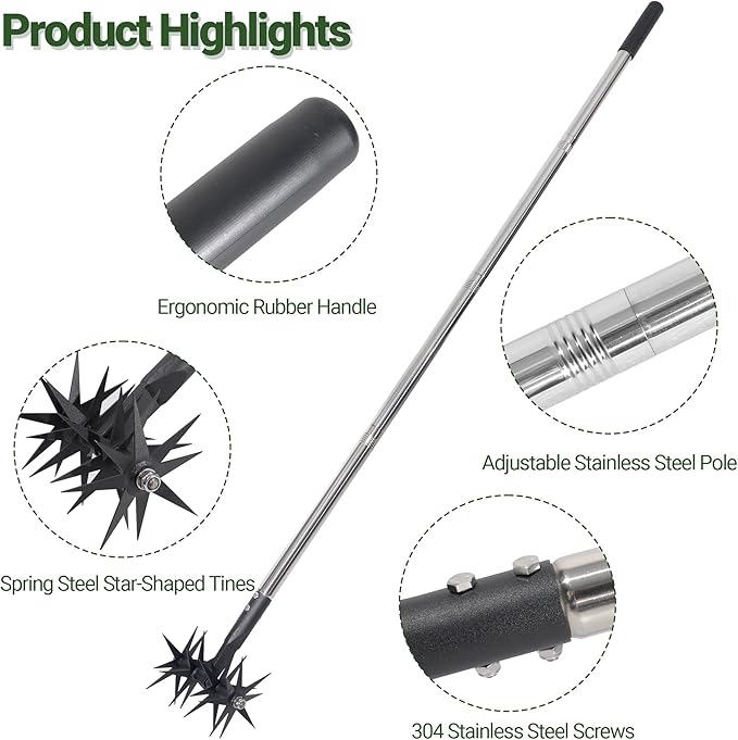 66in Rotary Cultivator with Tempered Spring Steel Tines and Adjustable Stainless Steel Handle Manual Garden Tiller Tool for Loosening Soil Mixing Fertilizer