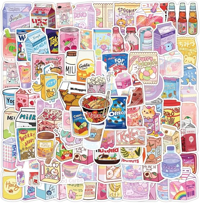 100pcs Cute Snack, Food, and Drink Stickers Set - Kawaii Small Stickers for Teens, Boys, Girls, and Adults