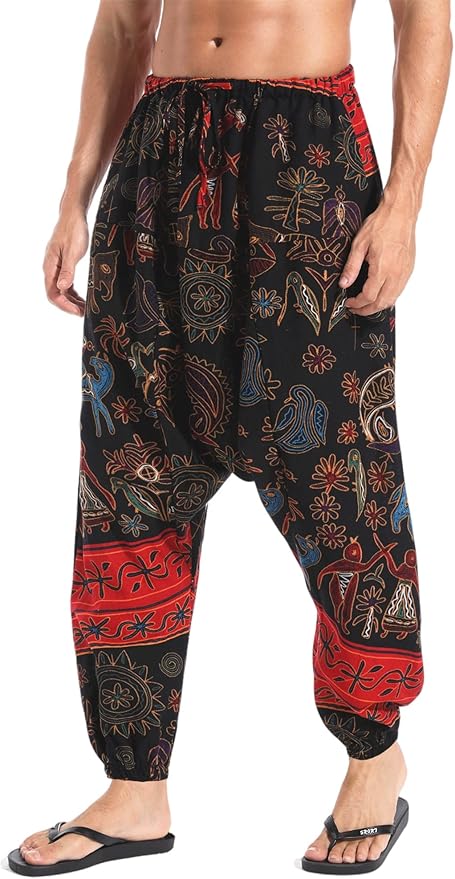 AITFINEISM Men's Drawstring Aladdin Hippie Harem Pants Loose Drop Crotch Trousers