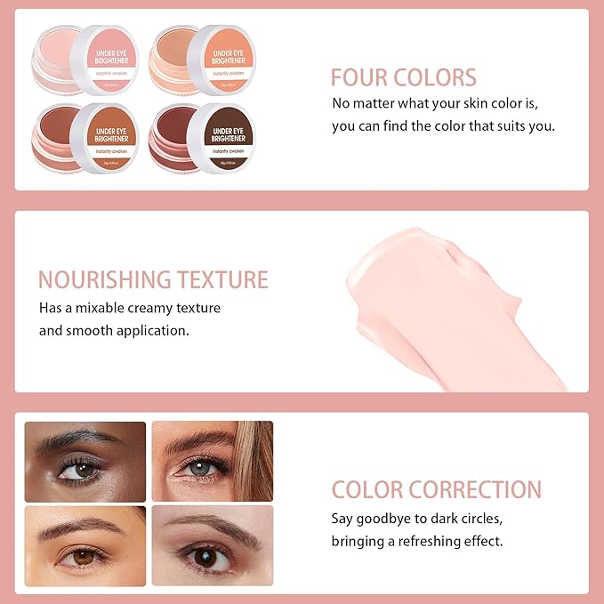 Under Eye Brightener Concealer, Long-Lasting Hydrating and Waterproof Color Corrector for Dark Circles, Full Coverage Lightweight Undereye Brightening Cream with Puff & Concealer Pen, #04 Pink