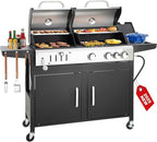 3 Burner Propane Gas and Charcoal Grill Combo with Side Burner & Porcelain-Enameled Cast Iron Grates, 37,000 BTUs 685 SQIN Dual Fuel Outdoor BBQ Grill for Patio Garden Picnic Backyard Barbecue Cooking