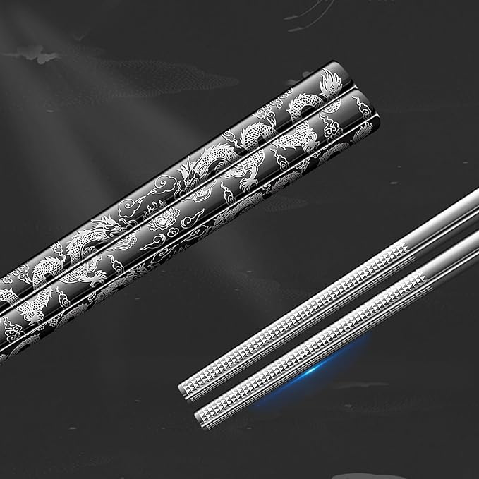 5 Pairs Dragon Chopsticks Set Black Stainless Steel 316 Kitchen Dinning Utensils Reusable Japanese Korean Chinese Dishwasher Safe Non-Slip Chop Sticks Tableware Gift 9.26"