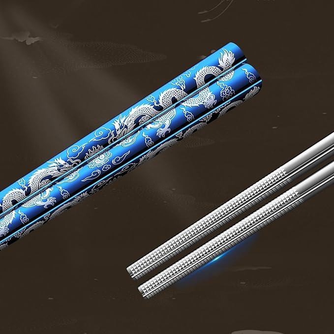 5 Pairs Blue Dragon Chopsticks Set Stainless Steel 316 Reusable Kitchen Eating Utensils Non Slip Chop Sticks Dishwasher Safe Tableware Gift Set 9.26 inches