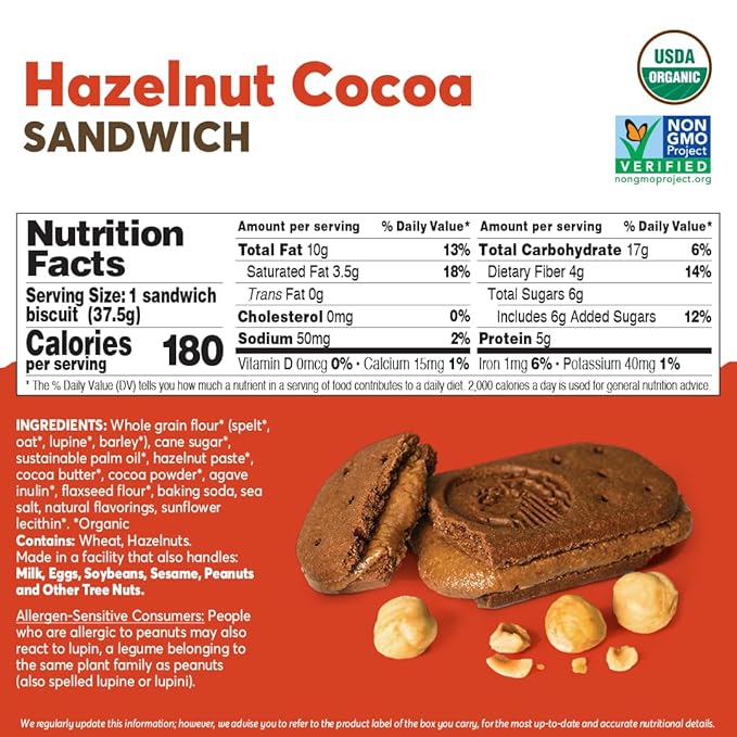 Olyra Organic Breakfast Biscuit Sandwiches | Hazelnut Cocoa | Kids Healthy Snacks, Low-Sugar, High Fiber | 4 Count (Pack of 1)
