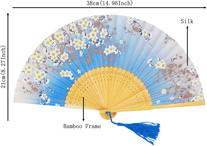 Amajiji 8.27"(21cm) Hand Held Bamboo Silk Folding Fan Hand Fan,Chinese/Japanese Charming Elegant Vintage Retro Style,Women Ladys Girls Best Gifts (SkyBlue)