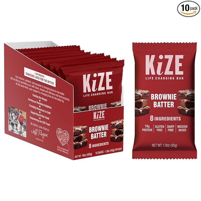 KiZE Energy Bars - Gluten Free, Dairy Free, Non-GMO, and High Protein Meal Replacement Energy Bars, Meal Bar, Clean and Simple Food Ingredients - Brownie Batter, 10g High Protein Snacks, (10 Count)