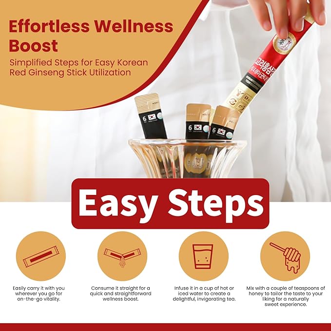 100 Pack of 0.53oz Korean Red Ginseng Extract Sticks - 6-Year-Old Ginseng for Optimal Benefits for You - Daily Upgrade - Perfect for Pre/Post Workout (100 Sticks of 0.53oz)