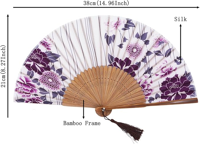 Amajiji 8.27"(21cm) Hand Held Bamboo Silk Folding Fan Hand Fan,Chinese/Japanese Charming Elegant Vintage Retro Style,Women Ladys Girls Best Gifts (LXHS1)