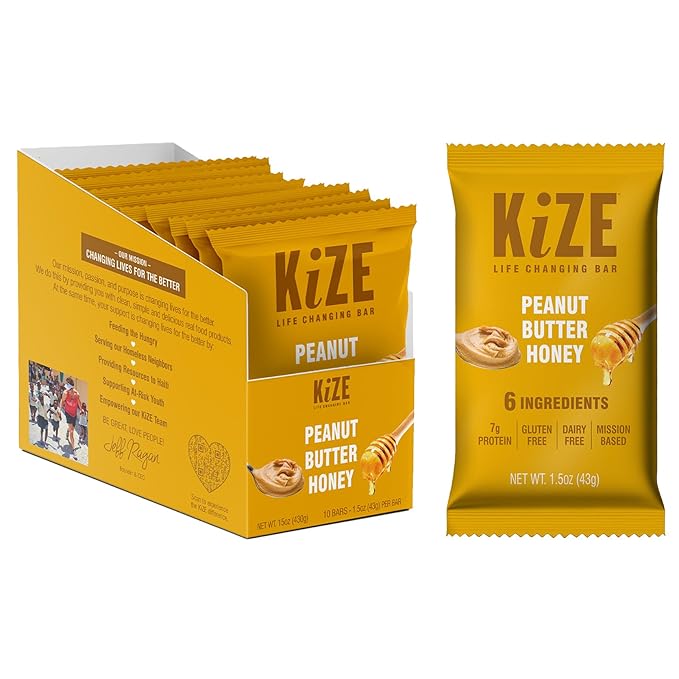 KiZE Energy Bars - Peanut Butter Honey - Gluten Free, Dairy Free, Non-GMO, and High Protein Meal Replacement Energy Bars, Clean and Simple Food Ingredients - Peanut Butter Honey, 7g High Protein Snacks, (10 Count)