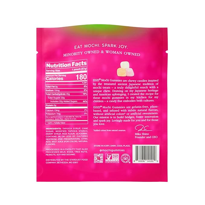 ISSEI Strawberry Mochi Gummies | Dye-Free Candy | Gluten-Free | Real Sugar, No Artificial Flavors or Colors | Award-Winning Japanese Candy | 2 Oz 6-Pack