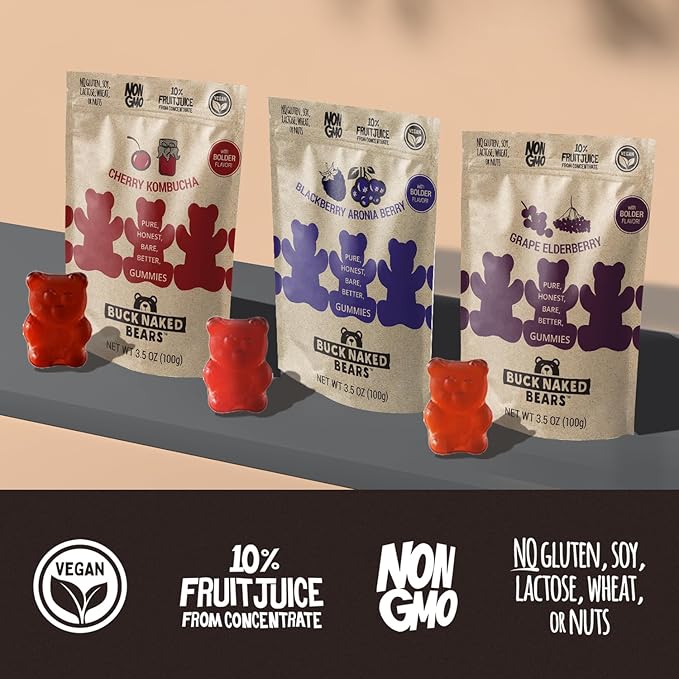 Buck Naked Bears - Variety Pack - Blackberry Aronia Berry, Cherry Kombucha, and Grape Elderberry - Plant-Based Gummies Good Snack Choice - Non-GMO - Clean Label Gummy Candy - Vegan 3.5oz 3-Pack
