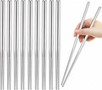 10 Pairs Chopstick Set Stainless Steel 304 Silver Reusable Chop Sticks Lightweight Metal Tableware Square Non-Slip Dishwasher Safe Kitchen Dinning Utensils Gift