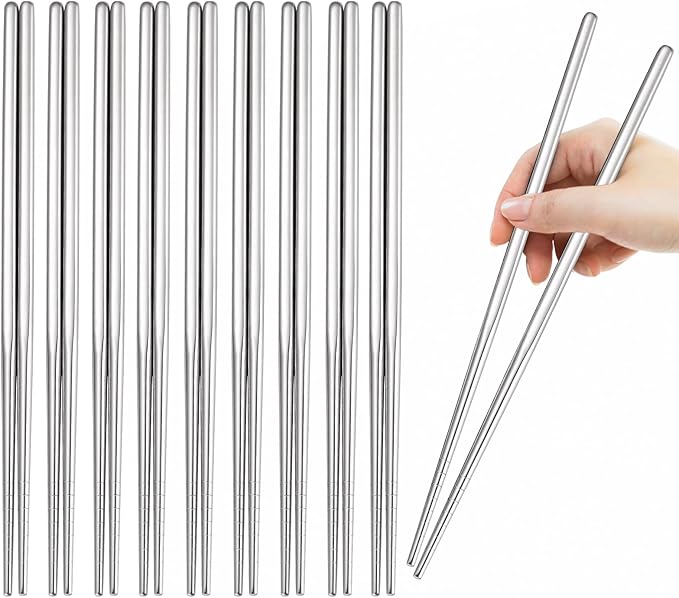 10 Pairs Chopstick Set Stainless Steel 304 Silver Reusable Chop Sticks Lightweight Metal Tableware Square Non-Slip Dishwasher Safe Kitchen Dinning Utensils Gift