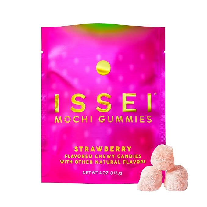 ISSEI Strawberry Mochi Gummies | Dye-Free Candy | Gluten-Free | Real Sugar, No Artificial Flavors or Colors | Award-Winning Japanese Candy | 4 Oz 1-Pack
