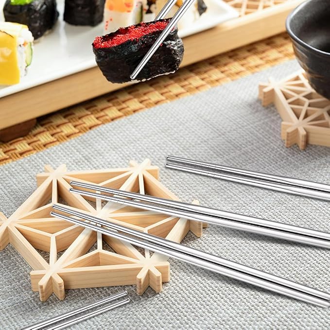 10 Pairs Chopstick Set Stainless Steel 304 Silver Reusable Chop Sticks Lightweight Metal Tableware Square Non-Slip Dishwasher Safe Kitchen Dinning Utensils Gift