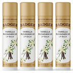 Badger Vanilla Madagascar Classic Lip Balm, 100% Organic Lip Balm, Long Lasting Lip Care w/Light Silky Texture, Comforting & Relaxing, 4 Pack