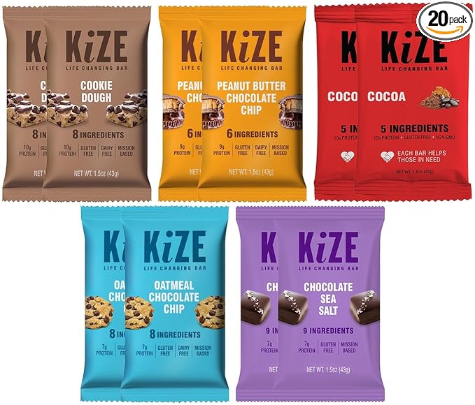 KiZE Energy Bars - Gluten Free, Dairy Free, Non-GMO, and High Protein Meal Replacement Energy Bars, Clean & Simple Food Ingredients - Chocolate Lovers Variety Pack, 9g High Protein Snacks, (20 Count)