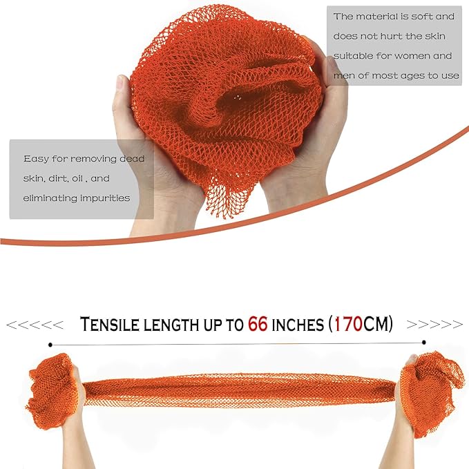 African Net Long Bath Net Sponge,JASSINS Bathing Body Exfoliating Shower Body Back Scrubber Skin Smoother,Stretch Length to 66 INCH(Orange)