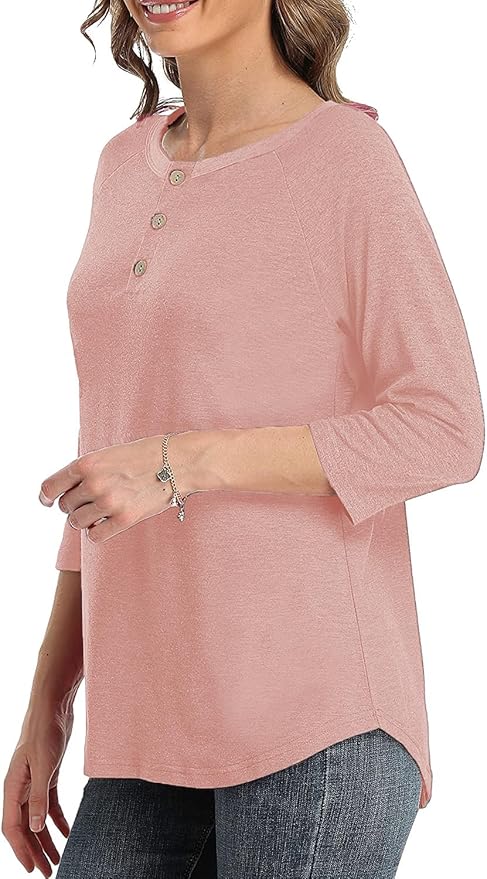 3/4 Sleeve Shirts for Women Crewneck Button Down Tunic Tops Raglan T Shirt