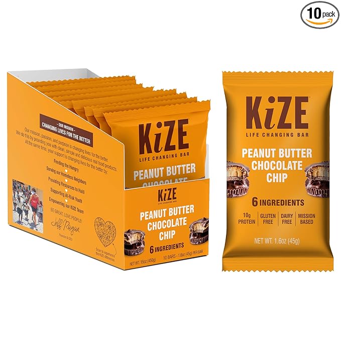 KiZE Energy Bars - Peanut Butter Chocolate Chip - Gluten Free, Dairy Free, Non-GMO, and High Protein Meal Replacement Energy Bars, Clean and Simple Food Ingredients - Peanut Butter Chcolate Chip, 10g High Protein Snacks, (10 Count)