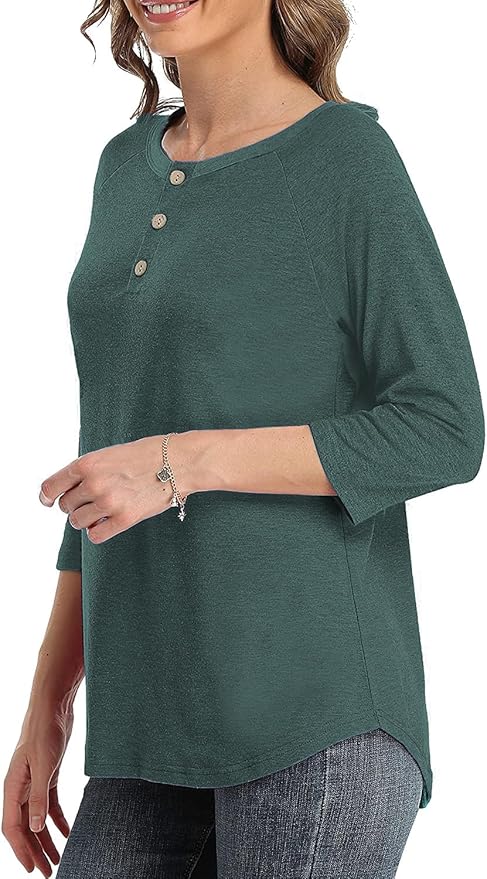 3/4 Sleeve Shirts for Women Crewneck Button Down Tunic Tops Raglan T Shirt