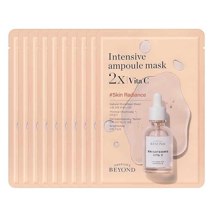 BEYOND Intensive Ampoule Mask 2X with Vitamin C and Niacinamide for and Sensitive Skin - Dermatologically Tested Hypoallergenic Facial Sheet Masks (25 ml/0.85 fl oz * 10 sheets)