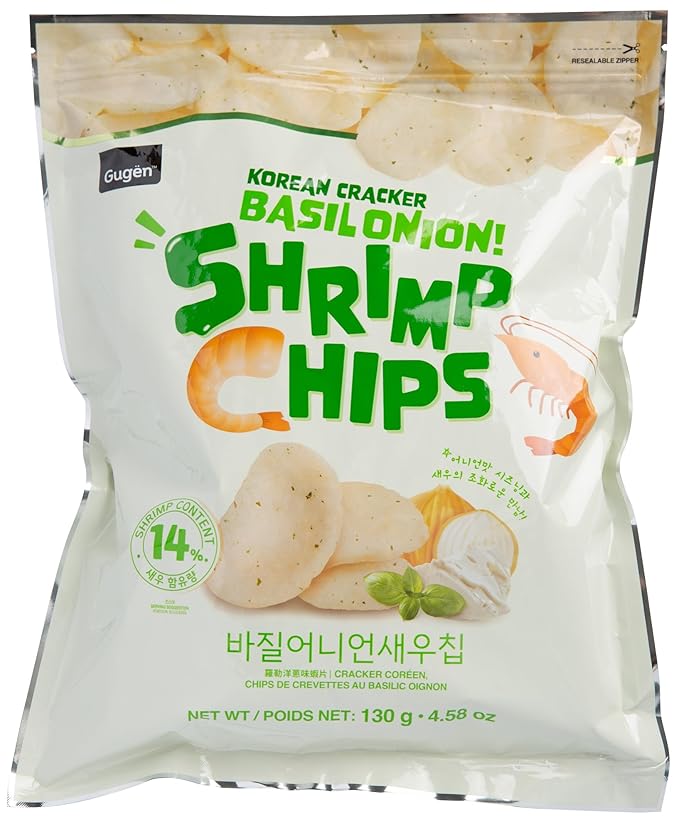 Korean Basil Onion Shrimp Chips - Resealable Crispy Snack with Herby Shrimp Flavor, 4.5 Servings per Package - Pack of 1