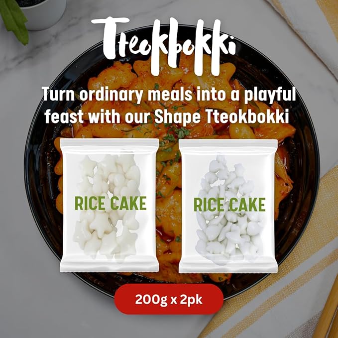 Korean Rice Cake, Tteokbokki, Fun-Shaped & Chewy, 1 Pack (2 Individual Package) Vegan, Non-GMO, Gluten-Free, Easy to Cook, 14.10oz per Pack (1 Pack)