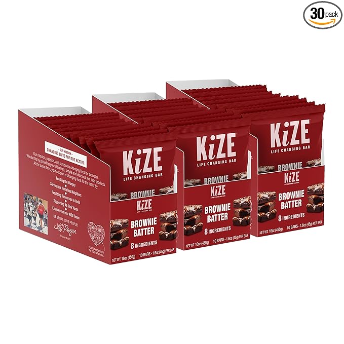 KiZE Energy Bars - Gluten Free, Dairy Free, Non-GMO, and High Protein Meal Replacement Energy Bars, Meal Bar, Clean and Simple Food Ingredients - Brownie Batter, 10g High Protein Snacks, (30 Count)