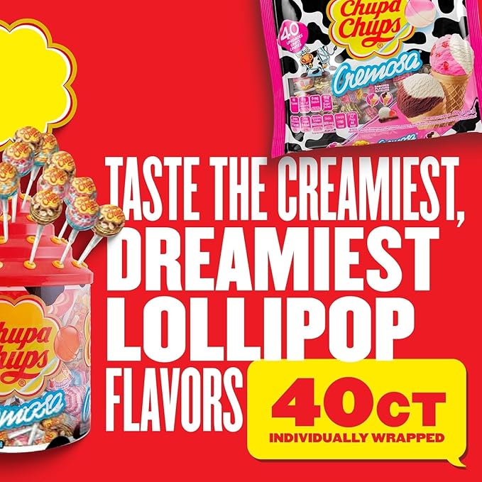 Chupa Chups Cremosa Halloween Trick or Treat Candy Lollipop Variety Assortment, 2 Ice Cream Flavors, Individually Wrapped Candy for Kids, 16.9 oz Bag (40 Suckers)